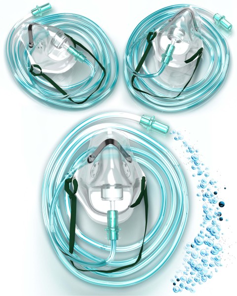 3 x Sauerstoffmaske mit Schlauch 2 mtr., Gummizug und Nasenbügel, Mapeau O2 Maske