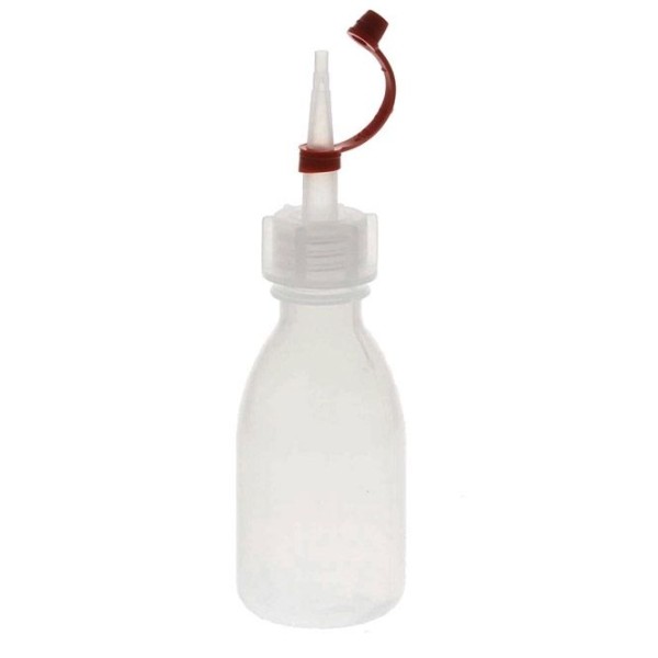 Leere Tropfflasche, Rundflasche, mit Schraubkappe, 50ml langer Spitze und Verschlusskäppchen am Halt