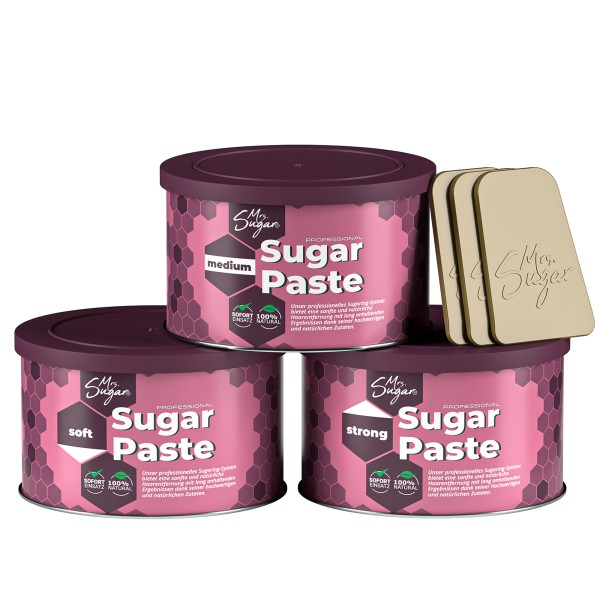 3er Set Sugaring Paste Mrs. Sugar 3x Spatel, Zuckerpaste je 550g Soft, Medium, Strong mit 3 Spatel