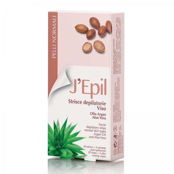 J'Epil Wachs Gesicht Kaltwachsstreifen Argan, 20x mit 4 Pflegetüchern