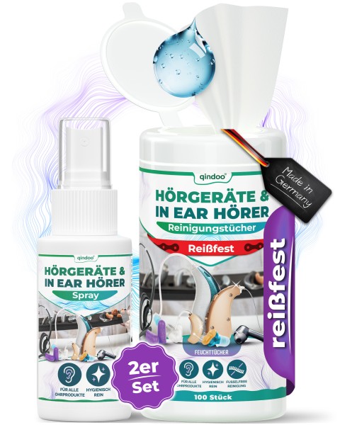100x reißfeste Reinigungstücher 1x Hörgerätereinigungsspray Hörgeräte Qindoo reinigt Ohrenschmalz, D