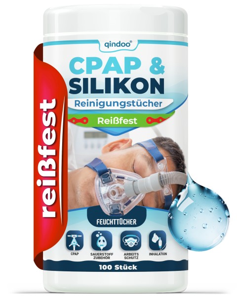 Qindoo Reißfeste CPAP Reinigungstücher, 100x CPAP Wipes in Spenderdose, Duftfrei ohne Alkohol, Tüche