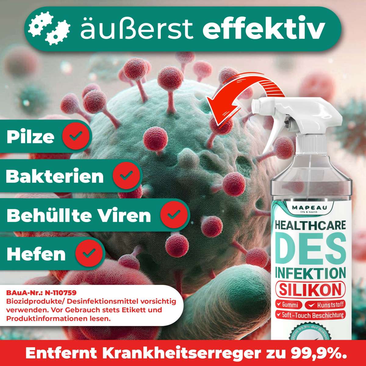 Mapeau CPAP Desinfektionsmittel 1 L – Geruchlos, Für Silikon, Gummi & Kunststoffe, BAuA-zertifiziert (Made In Germany)
