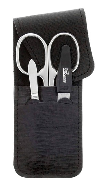 Maniküre Set, 3 tlg. Nagel-Schere, Feile, Pinzette im Taschenetui innen Leder, schwarz mit Schlaufe.