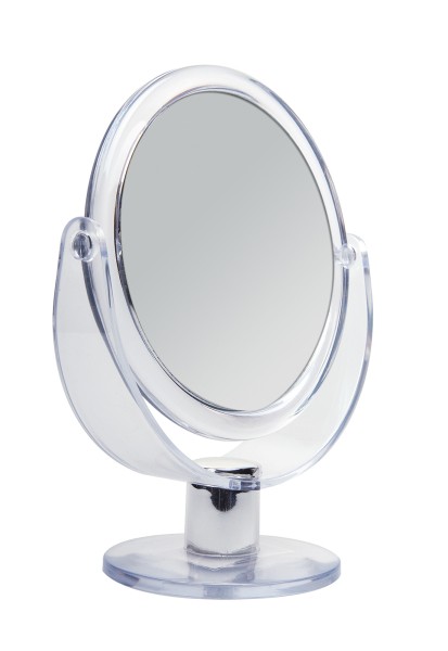 Doppelseitiger Acryl Kosmetex Kosmetik-Spiegel, rund, Stand-Spiegel mit 2-fach Vergrößerung, 17cm ho