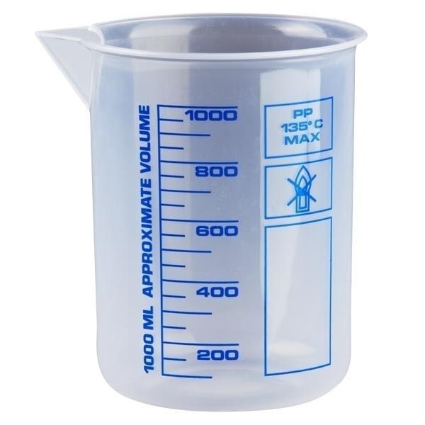 Messbecher a 1000 ml, natur. 1 Liter Dosierbecher, transparent Kosmetex Griffinbecher