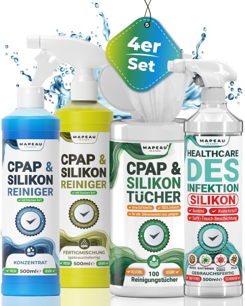 CPAP Reiniger 4er Set | Reinigungsspray | Konzentrat | Desinfektion | 100x Reinigungstücher, Sauerst