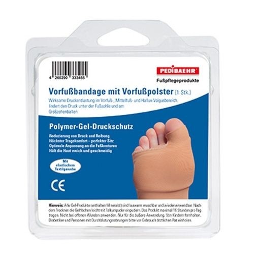 PediBaehr Polymer Gel Vorfußbandage mit Vorfußpolster für Vorfuß- Mittelfußbereich, Hallux Valgus, k