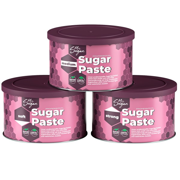 3er Set Zuckerpaste Mrs. Sugar, Sugaring Paste je 550g Soft, Medium, Strong