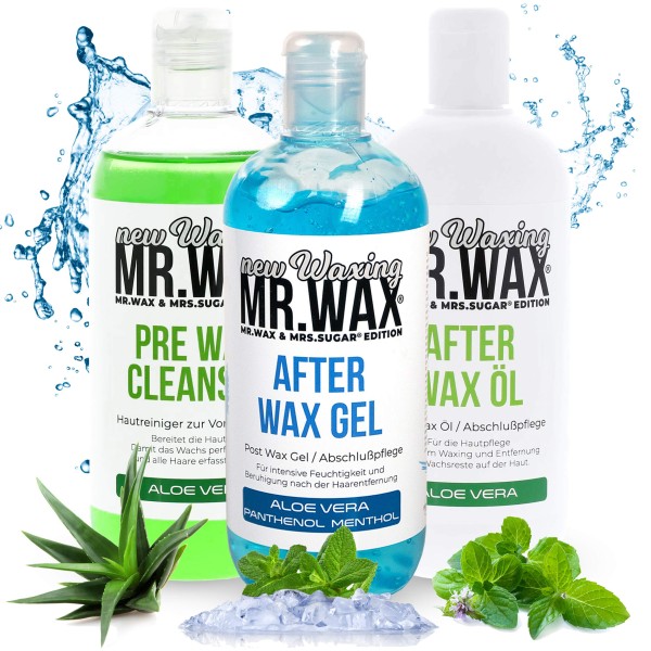 Mr. Wax 3er Set, Pre Wax Hautreiniger und After Wax Öl und Gel Aloe Vera, 3x 500ml