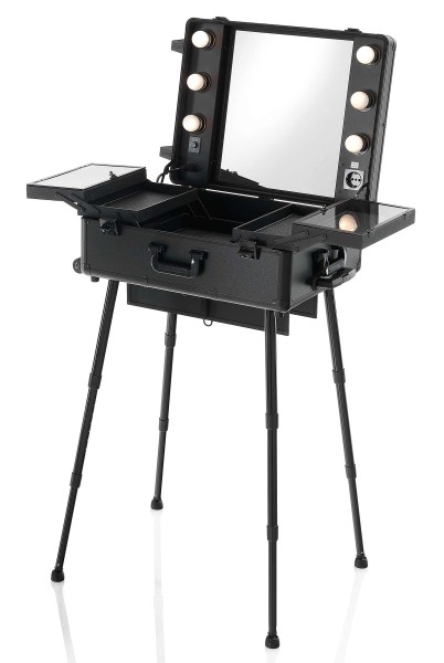 Mobiler Make-up Station Tisch, Spiegel mit 6 LED Leuchten, Trolley Koffer mit verstellbaren Füßen