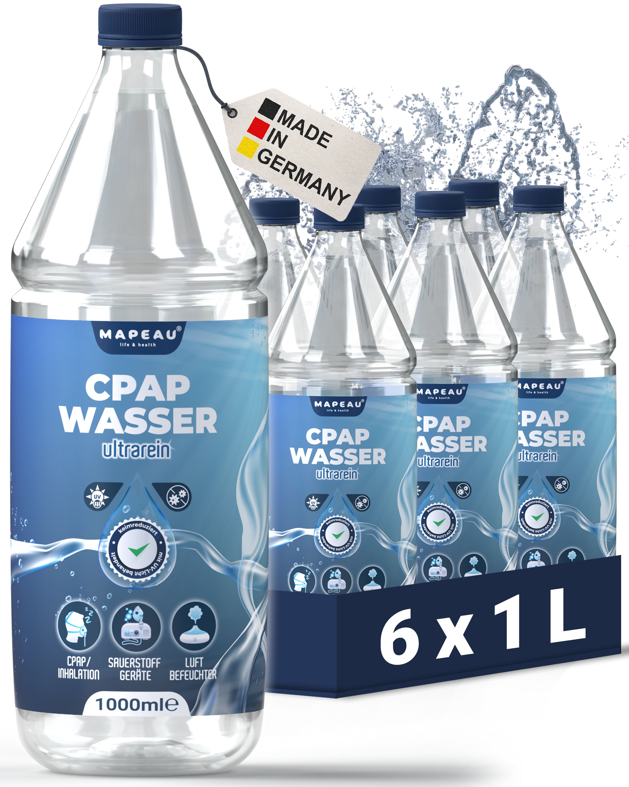 CPAP Wasser für Sauerstoff-Geräte 6x 1 Liter, CPAP Befeuchter Geräte,  Inhalationsgerät, destillierte, CPAP, Pflege, Online Waxing & Kosmetik  bestellen
